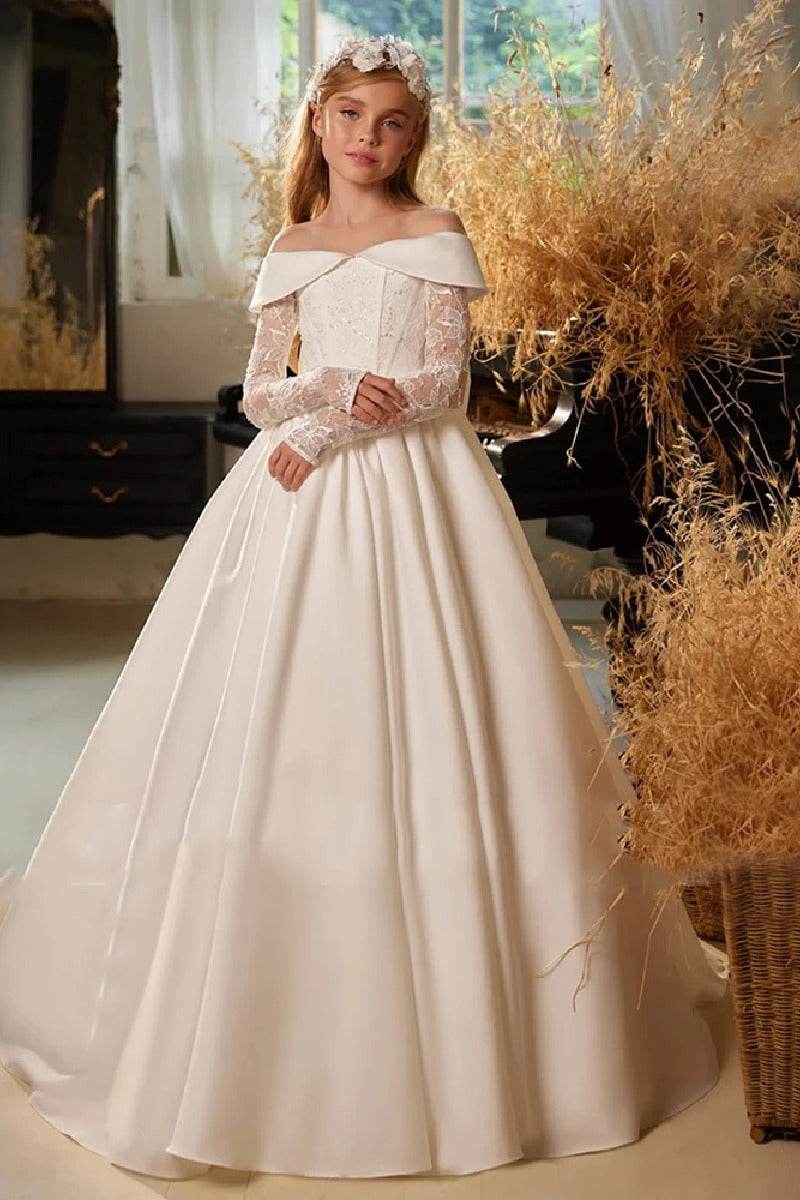 A-Line Off The Shoulder Neck Long Sleeve Satin Flower Girl Dresses 788625737873 - COCOMELODY
